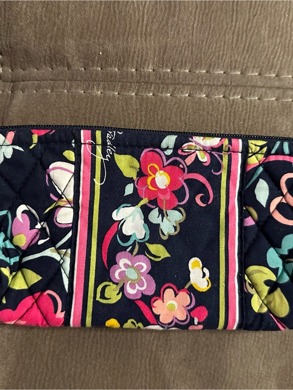 Vera Bradley Navy Floral Quilted Zip makeup/pencil case with Pink Trim